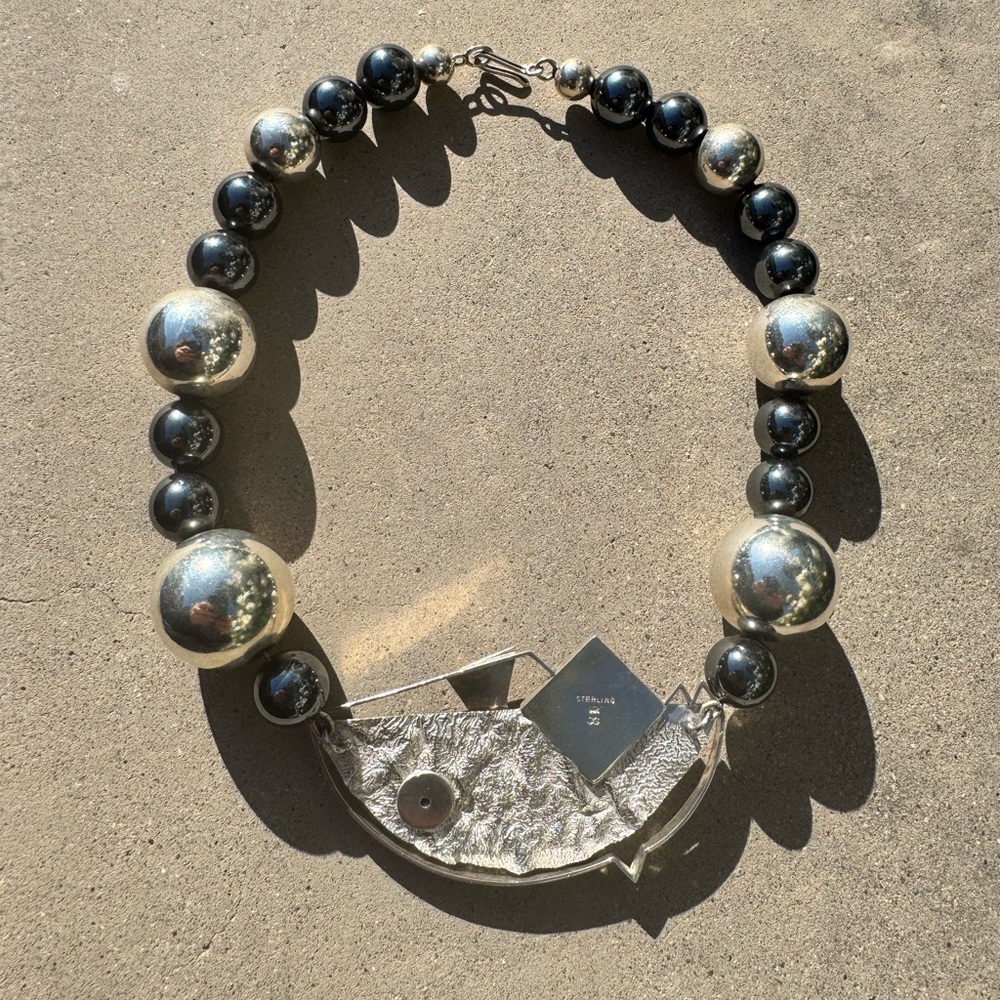 Vintage Statement Heavy Necklace 925 Silver, 14K Gold, Hematite Beads - Picture 7 of 7